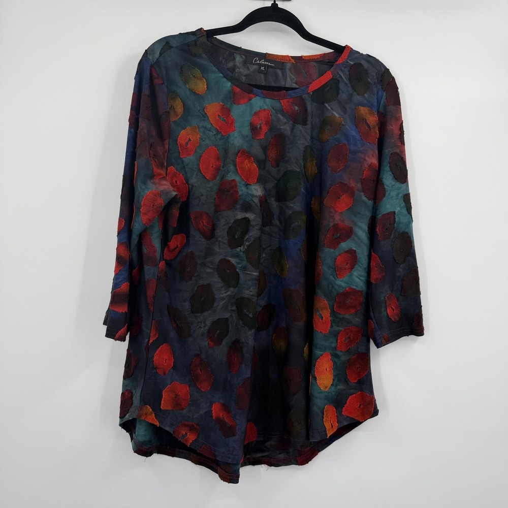 Calessa Tunic Blouse Womens XL Multicolor Round Neck 3/4 Sleeve Rayon Stretch